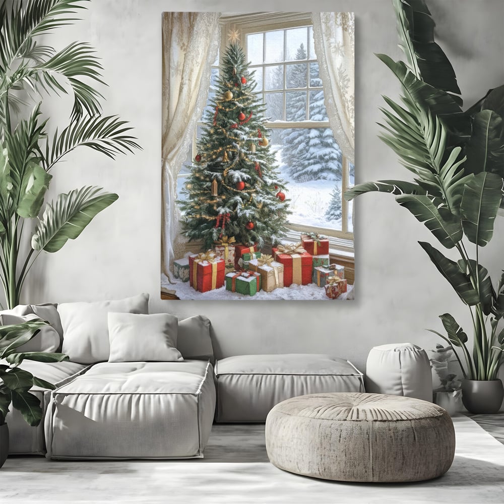 Tablou canvas cu tablou canvas cu brad de craciun si cadouri, fara rama, pe sasiu de lemn, pe perete intr-un living